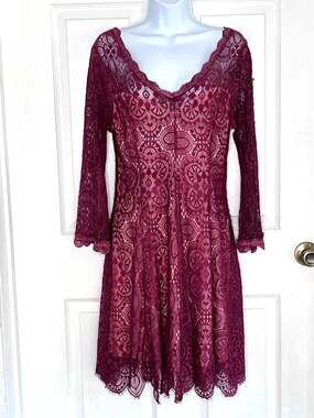 Whimsigorh Fairy Dress Lace Overlay Sheer Bell Sleeves Scalloped Hem size PXL
